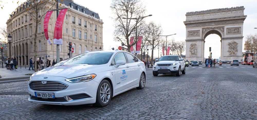 Mobileye autonomous vehicle on the Champs Elysees by the Arc de Triomphe in Paris