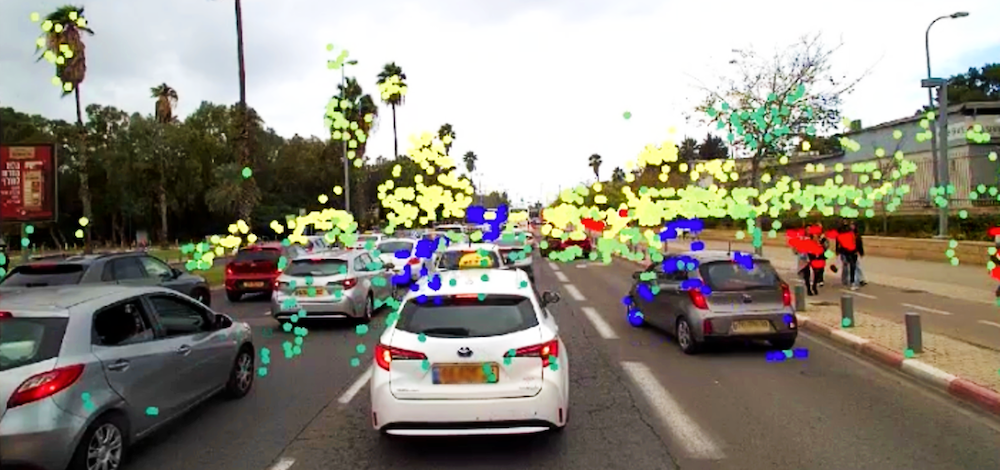 Colored dots simulate the dense and precise data generated by Mobileye’s unique imaging radar.