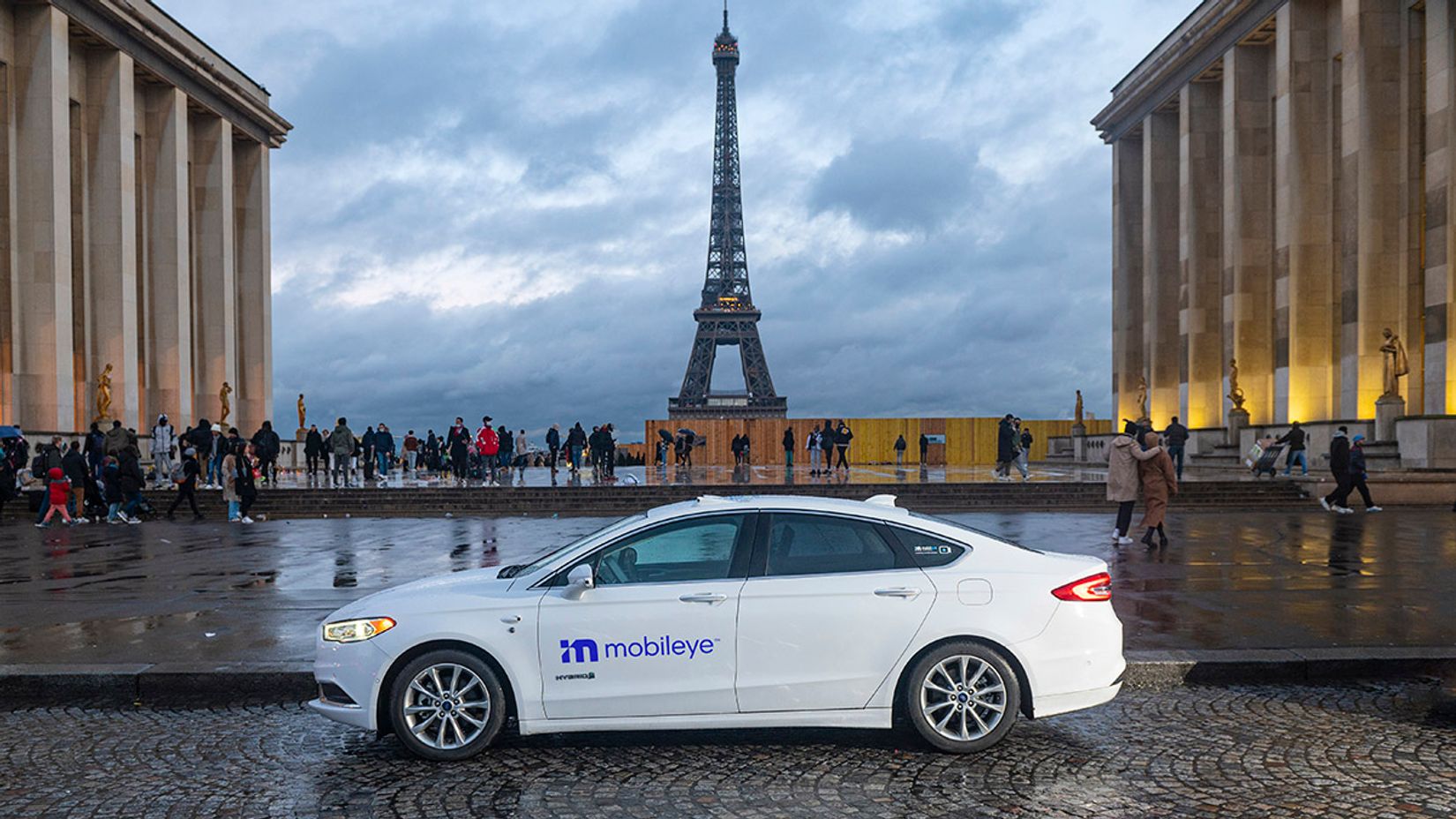 A Mobileye autonomous development vehicle opposite the Eifel Tower, pictured while undergoing testing in Paris.