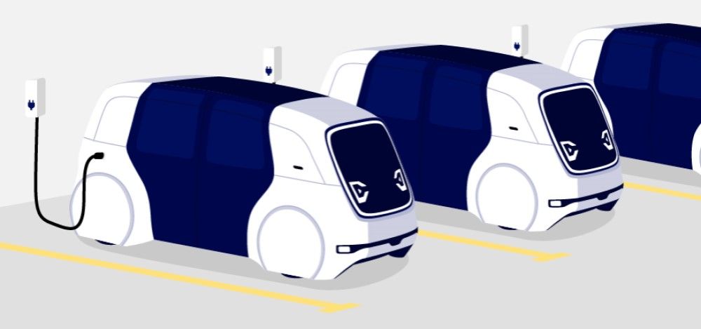 Self-driving electric vehicles like those developed by Mobileye charging up their batteries for their next autonomous journey