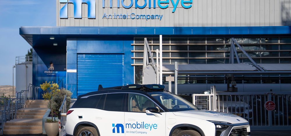 A self-driving vehicle from Mobileye’s autonomous fleet sits outside Mobileye’s autonomous vehicle workshop in Israel.