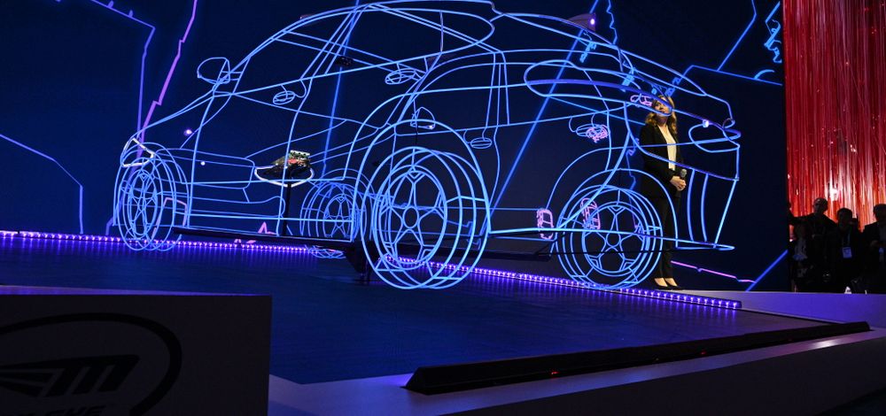 A digital car installation displays how Mobileye sensors interpret the environment around a vehicle in the company's booth at CES 2020 in Las Vegas. (Credit: Walden Kirsch/Intel Corporation)