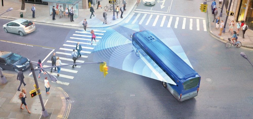 Collision-avoidance systems like Mobileye Shield+™ help bus drivers watch out for pedestrians in their huge blind spots