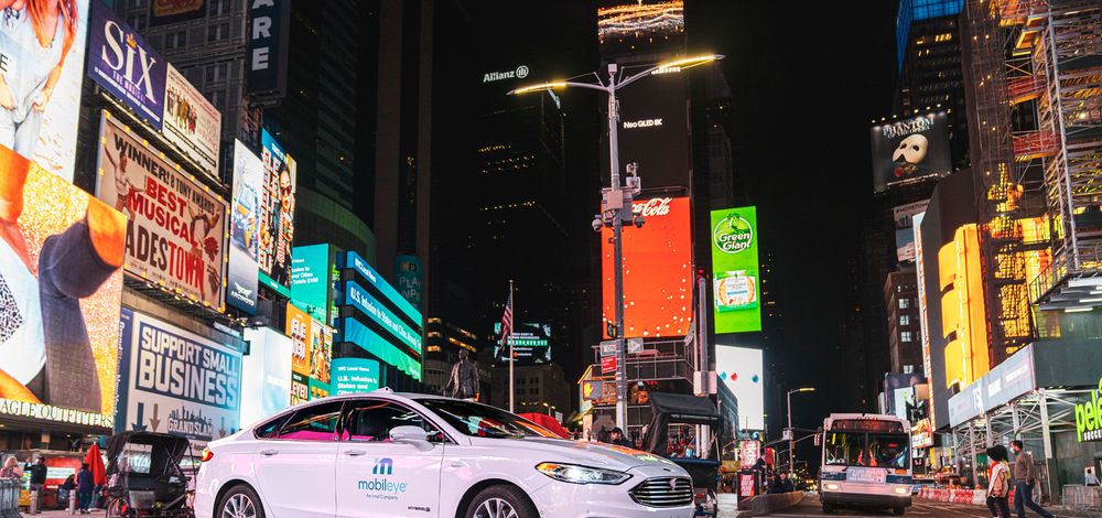 A self-driving vehicle from Mobileye’s autonomous test fleet navigates New York City’s Times Square in June 2021.