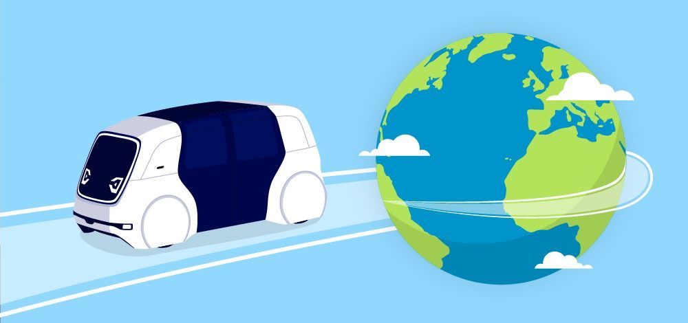 Illustration of Mobileye Drive autonomous shuttle circling the globe