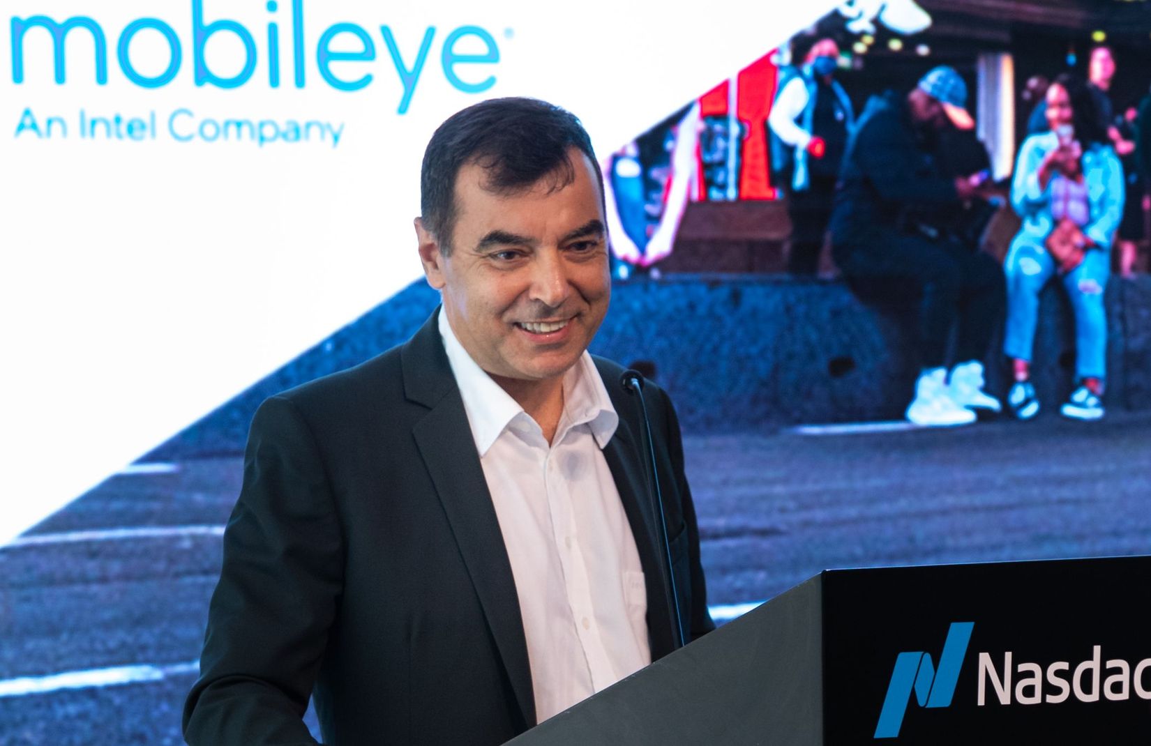 Mobileye CEO Prof. Amnon Shashua delivers a press conference the NASDAQ MarketSite in New York