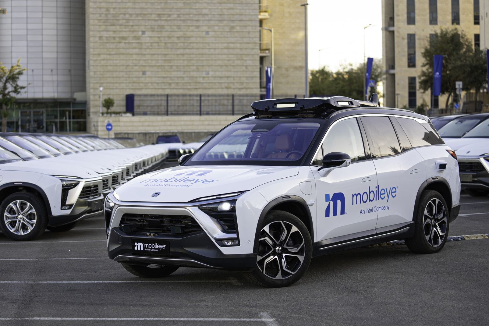 Robotaxi fleet outside Mobileye headquarters in Jerusalem