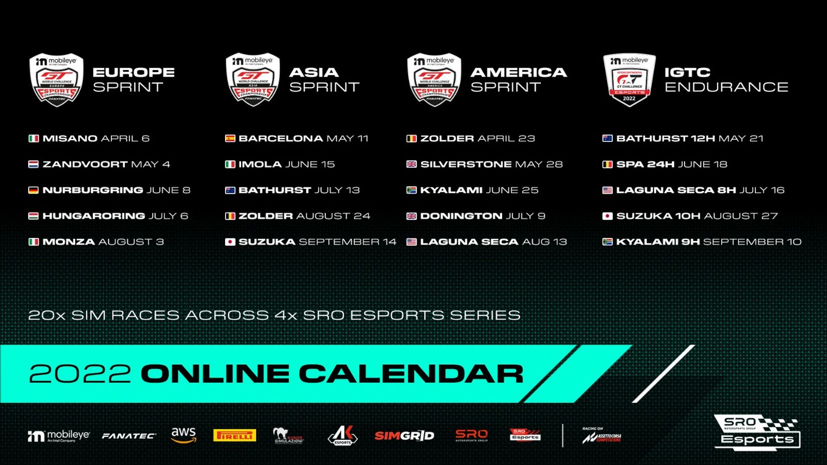2022 online calendar for Mobileye GT World Challenge Esports Championships