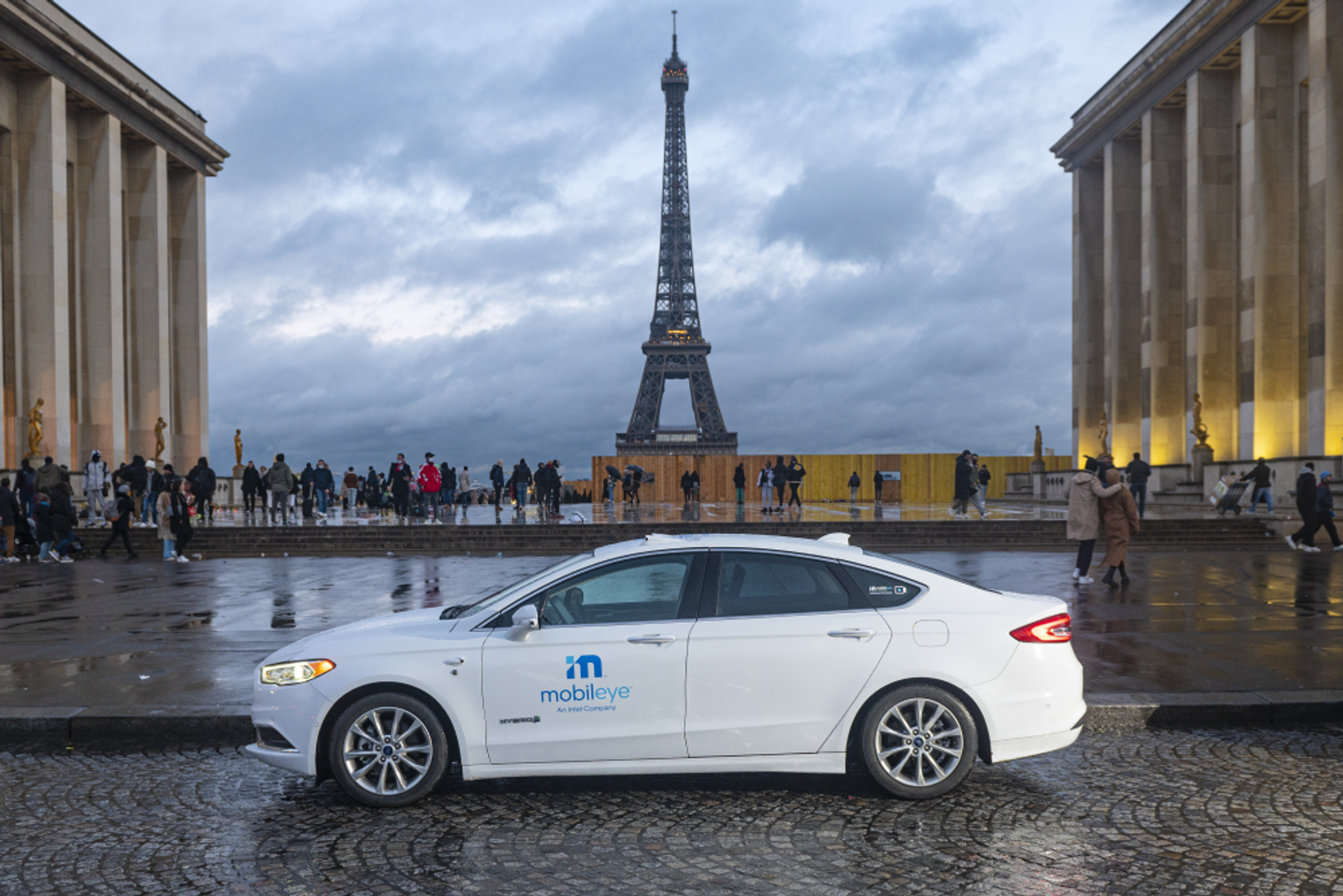 Mobileye autonomous vehicle by the Eiffel Tower in Paris