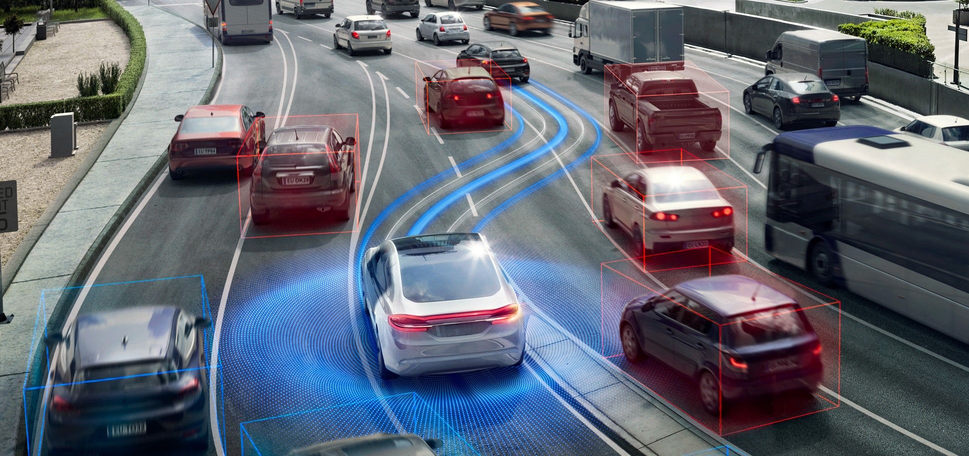 A vehicle equipped with Mobileye self-driving technology autonomously changing lanes in heavy traffic on the highway