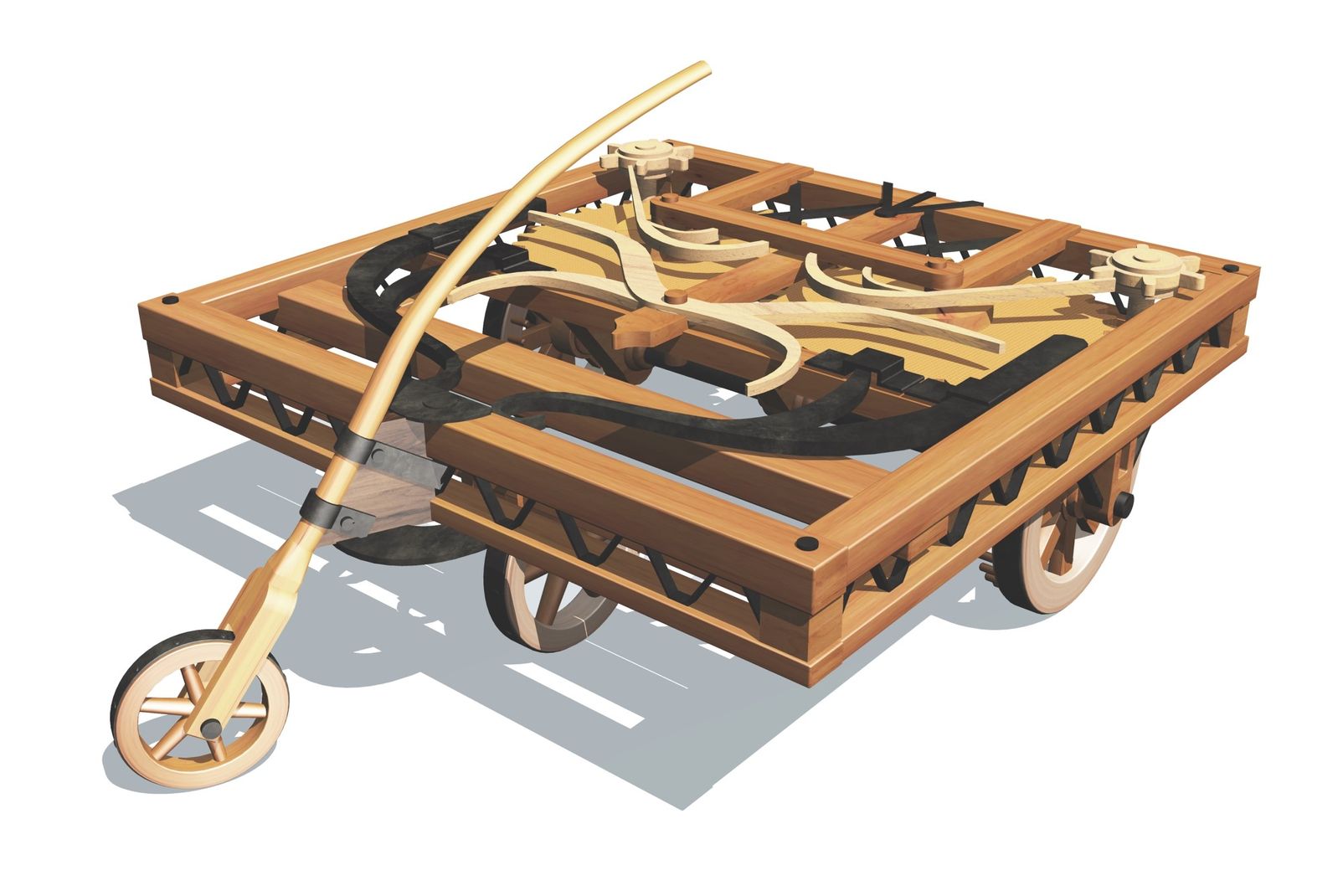 This rendering depicts a self-driving, self-propelled cart designed by Leonardo da Vinci in the 16th century.